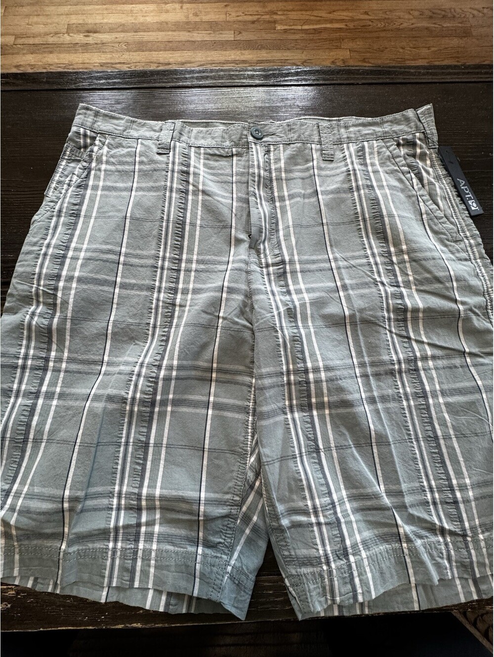 APT 9 Mens Seersucker Shorts Size 38 Sage Green Blue Stripe Cotton NWT